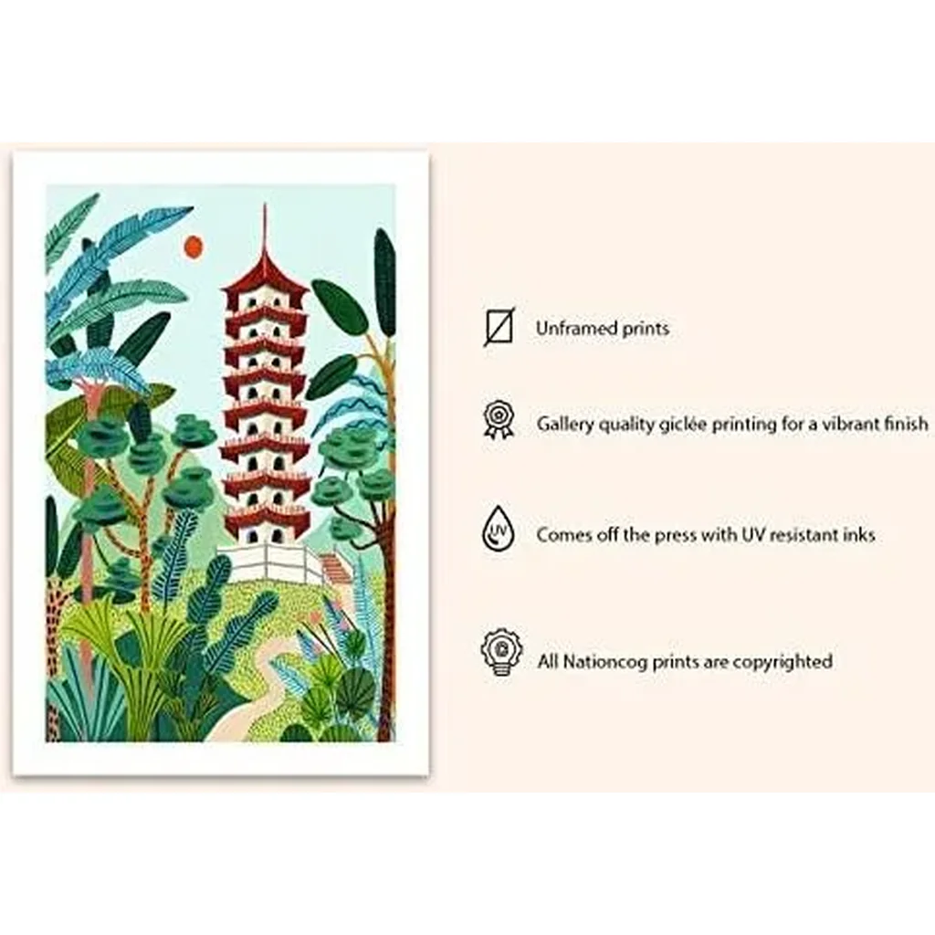 ALAYRA Singapore Travel Print, Chinese Garden, Pagoda, Singapore Wall Art, Botanical Illustration, Home Decor, Tropical, Nursery Wall Art, Wedding Gift, Housewarming Gift, Home Decor (Unframed) (12x18 - Image 3