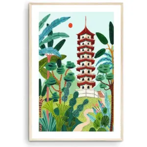 ALAYRA Singapore Travel Print, Chinese Garden, Pagoda, Singapore Wall Art, Botanical Illustration, Home Decor, Tropical, Nursery Wall Art, Wedding Gift, Housewarming Gift, Unframed (16x24 in) 01