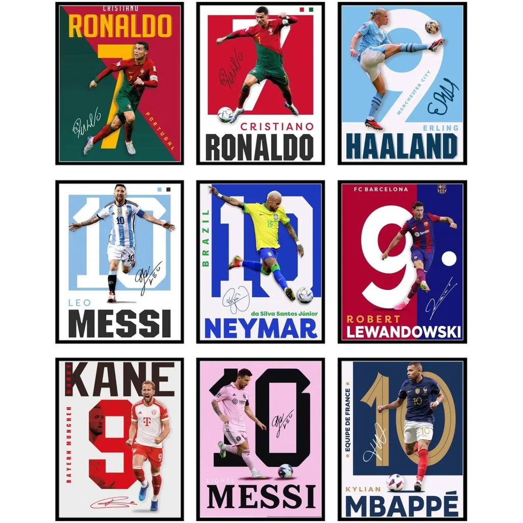 ALAYRA Soccer Poster - Soccer Posters For Boys Bedroom, Messi And Ronaldo Poster, Messi Posters For Boys Bedroom, Soccer Wall Art, Messi Wall Art, Ronaldo Posters - Unframed Set Of 9 (8x10) 01