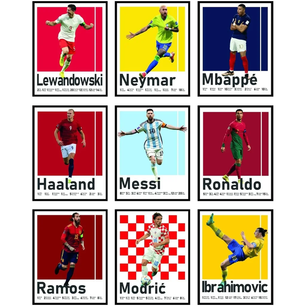 ALAYRA Soccer Posters - Soccer Bedroom Decor For Boys, Messi Soccer Poster, Soccer Room Decor For Boys, Ronaldo And Messi Poster, Messi Posters For Boys Bedroom - Unframed Set Of 9 (8x10) 01