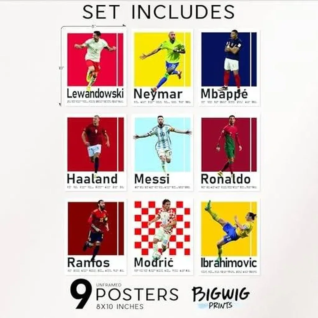 ALAYRA Soccer Posters - Soccer Bedroom Decor For Boys, Messi Soccer Poster, Soccer Room Decor For Boys, Ronaldo And Messi Poster, Messi Posters For Boys Bedroom - Unframed Set Of 9 (8x10) 01 - Image 2