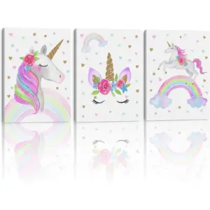 ALAYRA Something Unicorn - Stretched/Framed, Ready to Hang Canvas Wall Art. Super Cute Water Color Unicorn Prints for Nursery or Girl's Bedroom Decor. Set of 3. 12x16in - Gold Glitter Unicorn (Over Th