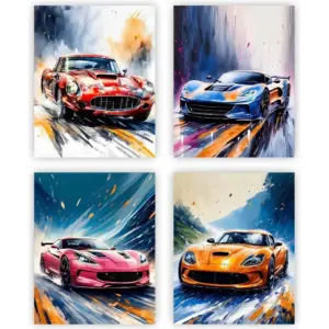 ALAYRA Sports Car Wall Art, Modern Racing Cars Canvas Prints, Colorful Automotive Posters for Man Cave Boys Room Bedroom Decor, Set of 4 (8"x10" Unframed) 01