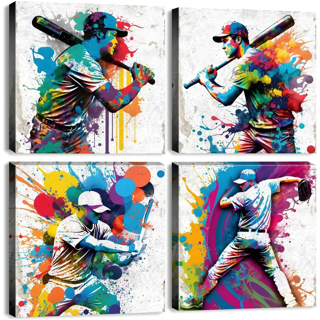 ALAYRA Sports Wall Art Baseball Posters Softball Player Canvas Pictures for Bedroom Living Room Office Home Decorations Graffiti Baseball Decor for Boys Room Teens Men Dorm Artwork 12x12 4 Pieces 01