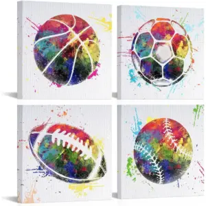 ALAYRA Sports Wall Art Kids Room Decor Colorful Basketball Soccer Football Baseball Canvas Pictures Children's Visual Color Prints Artwork for Nursery Baby Boy Girl Bedroom Playroom Decoration 01
