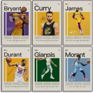 ALAYRA Stephen Curry, Lebron, Bryant, Ja Morant, Antetokounmpo, Durant Poster Basketball Canvas Poster Wall Art Print Set of 6 Gifts for Boys Living Room Bedroom Decoration Unframed 8x12inch 01