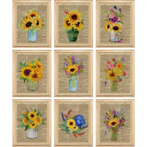 ALAYRA Sunflower Wall Decor - Rustic Sunflower Wall Art, Sunflower Pictures for Kitchen Bedroom Decoration, Vintage Floral Dictionary Art Prints, Sunflower Gifts for Women Home Decor (8x10 UNFRAMED) 0