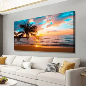 ALAYRA Sunset Beach Picture Canvas Wall Art Print for Living Room and Bedroom Wall Decor, Seascape Palm Landscape Print Paitnings for home Decor, Morden Artwork Sunset Canvas Art Waterproof Stretched