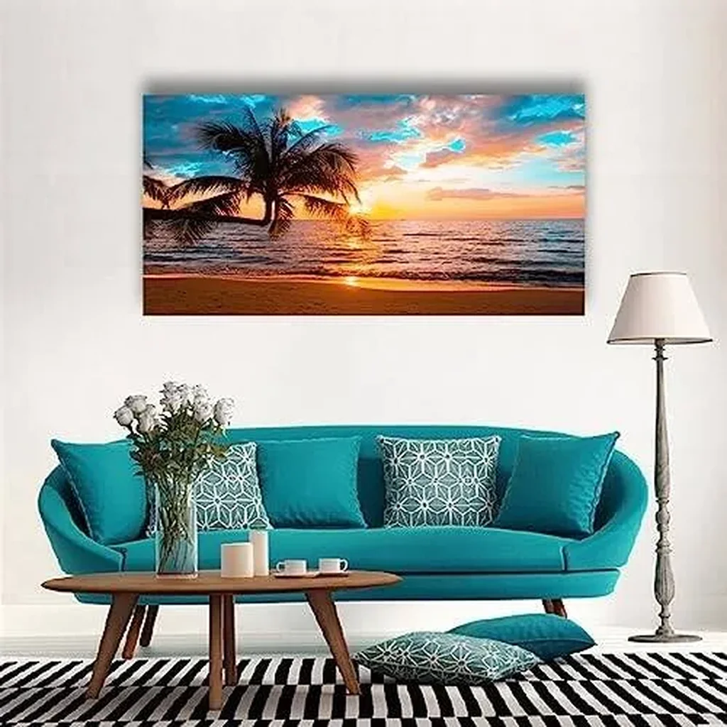 ALAYRA Sunset Beach Picture Canvas Wall Art Print for Living Room and Bedroom Wall Decor, Seascape Palm Landscape Print Paitnings for home Decor, Morden Artwork Sunset Canvas Art Waterproof Stretched - Image 2