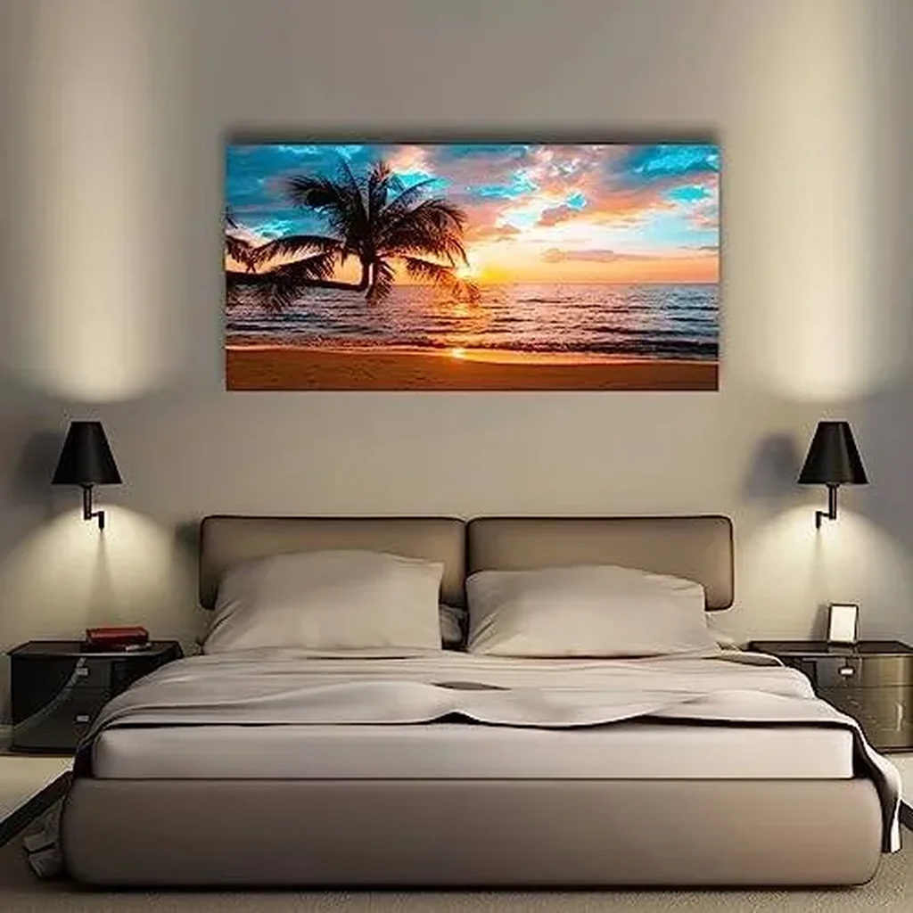 ALAYRA Sunset Beach Picture Canvas Wall Art Print for Living Room and Bedroom Wall Decor, Seascape Palm Landscape Print Paitnings for home Decor, Morden Artwork Sunset Canvas Art Waterproof Stretched - Image 3