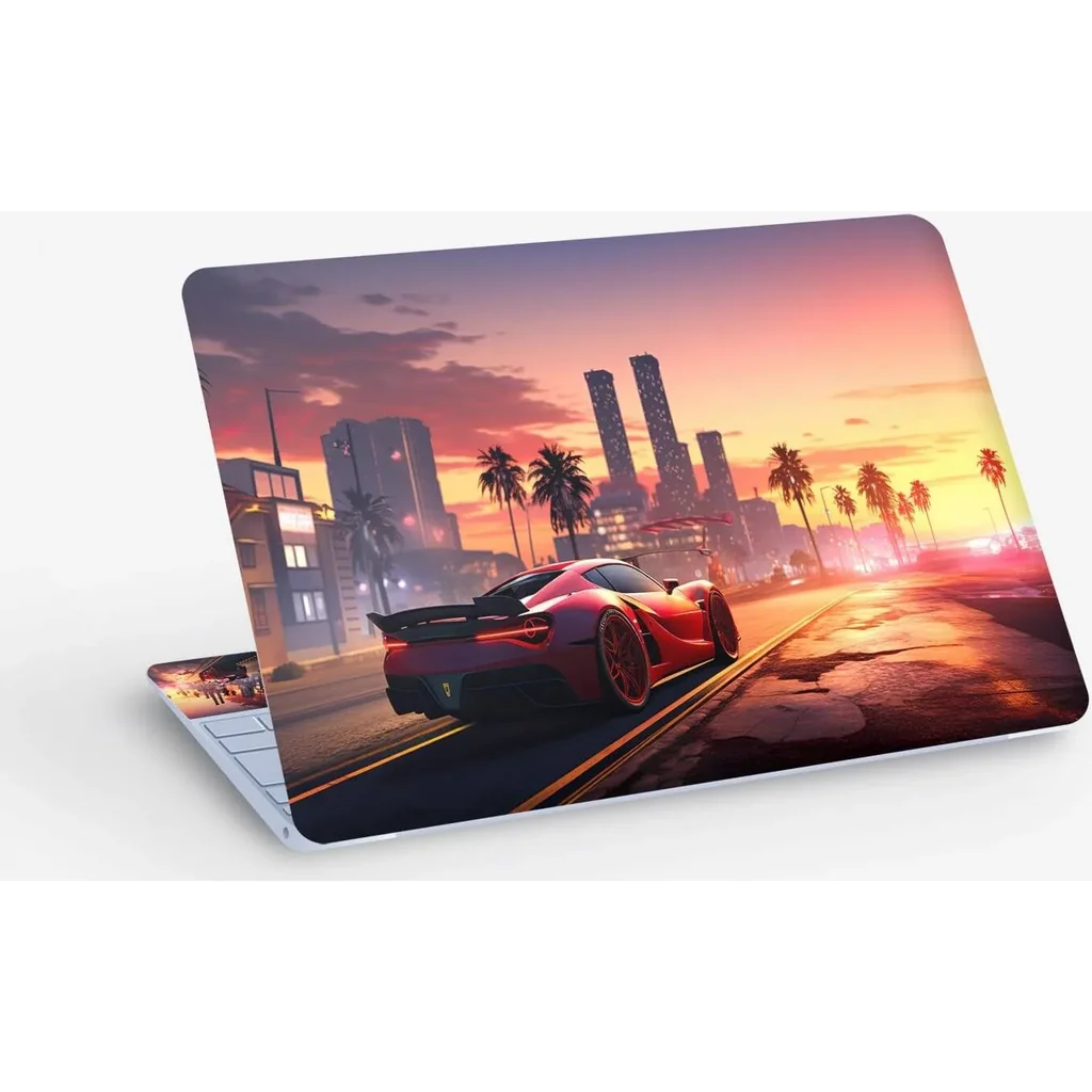 ALAYRA Sunset City Sports Car Road Scenery, Laptop Skin Sticker Decal, 13.3 14 15 15.4 15.6 Inch Laptop Universal Vinyl Skin Sticker Cover, Dustproof, Waterproof, Decal Protector With Free 2 Wrist Pad