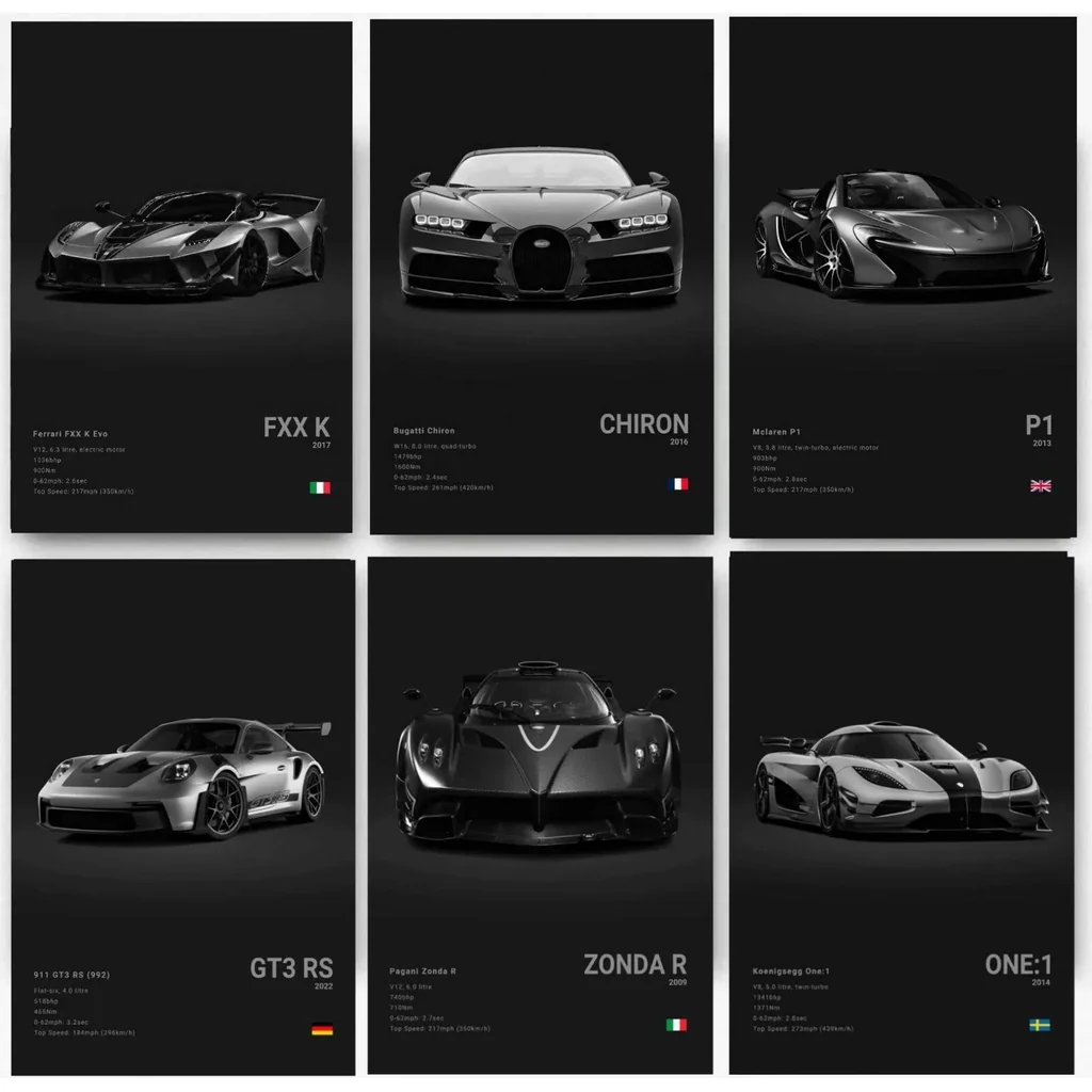 ALAYRA Super Car Poster Racing Car Wall Art For Home Decor Car Prints For Walls FXXK CHIRON P1 911GT3 RS ZONDA R ONE1 Cardstock Posters Set Of 6(Unframe 8x12inch) 01
