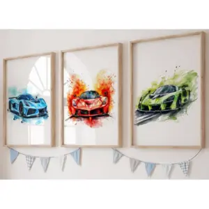 ALAYRA Supercars Set of 3 Unframed Poster for Boy Girl Nursery Bedroom Playroom, Watercolour Design, Wall Art Transport Decor, Fast Racing Cars, Blue Red Green (A4) 01