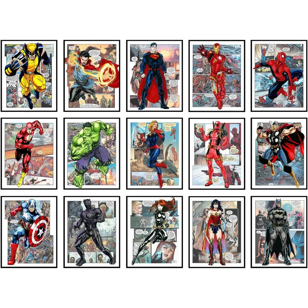ALAYRA Superhero Posters - Super Hero Room Decor for Boys, Superhero Bedroom Decor, Superhero Wall Decor, Comic Book Decor for Boys Room, Girls Superhero Room Decor - Unframed Set of 15 (8x10) 01