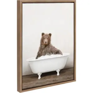 ALAYRA Sylvie Bear Rustic Bubble Bath Framed Canvas Wall Art by Amy Peterson Art Studio, 18x24 Gold, Modern Fun Decorative Bathtub Wall Art for Home Dcor 01