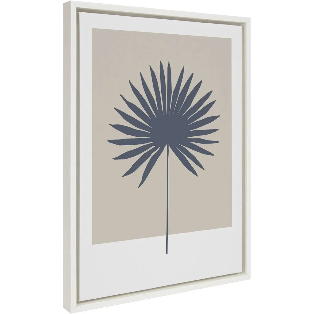 ALAYRA Sylvie Muted Tan and Blue Colorblock Botanical Palm Framed Canvas Wall Art by The Creative Bunch Studio, 18x24 White, Simple Modern Botanical Wall Decor Art 01