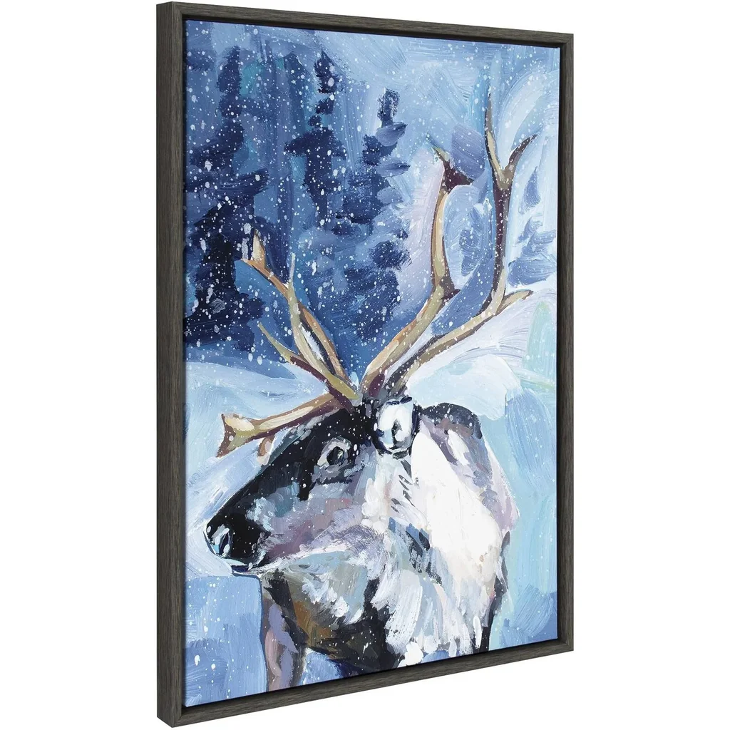 ALAYRA Sylvie Reindeer In Snow Framed Canvas Wall Art by Rachel Christopoulos, 23x33 Gray, Winter Christmas Reindeer Art for Wall 01