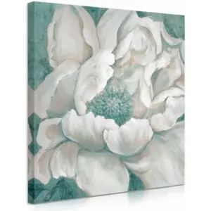 ALAYRA Teal Flower Canvas Wall Art - Peony Blossom Picture Wall Decor for Bathroom - Turquoise Abstract Floral Painting Framed Poster and Easy to Hang (14"x14"x1 Panel) 01