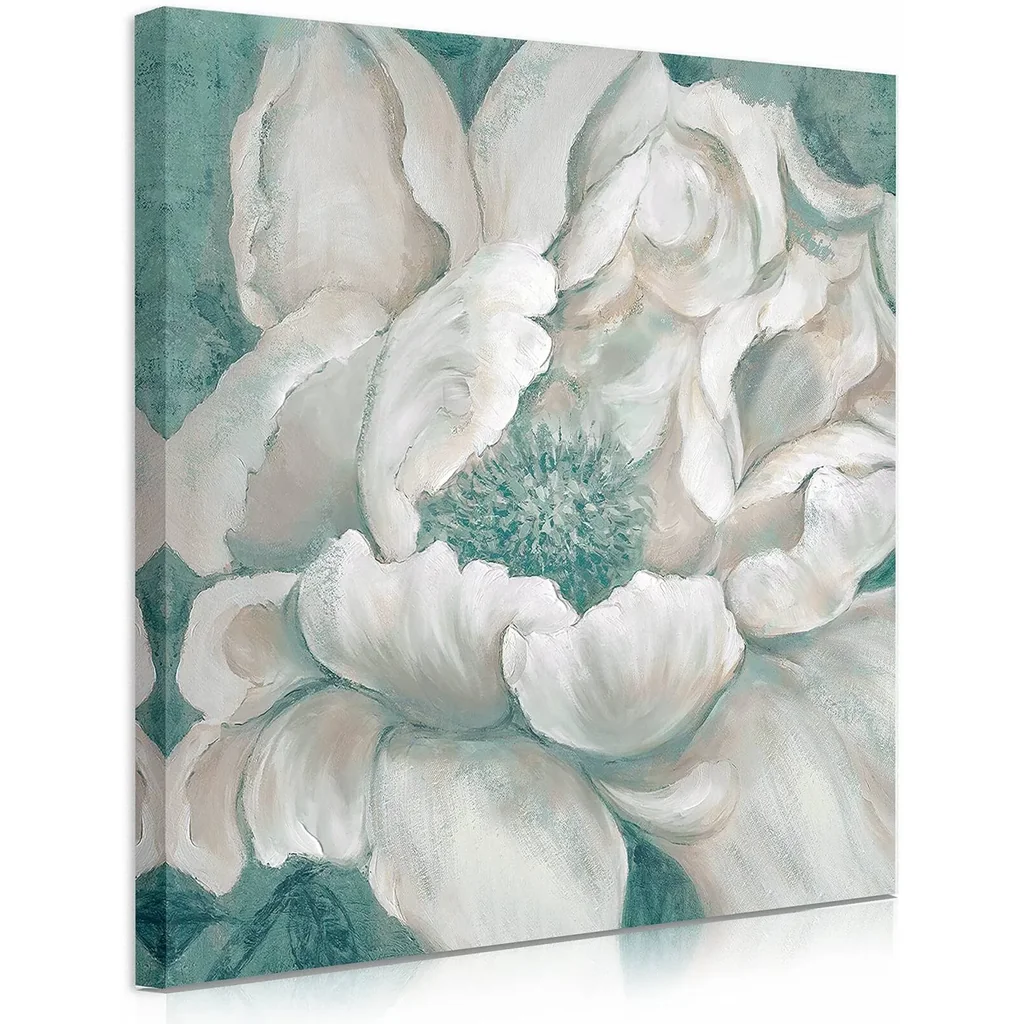 ALAYRA Teal Flower Canvas Wall Art - Peony Blossom Picture Wall Decor for Bathroom - Turquoise Abstract Floral Painting Framed Poster and Easy to Hang (14"x14"x1 Panel) 01