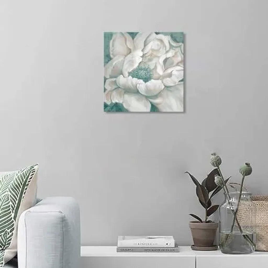 ALAYRA Teal Flower Canvas Wall Art - Peony Blossom Picture Wall Decor for Bathroom - Turquoise Abstract Floral Painting Framed Poster and Easy to Hang (14"x14"x1 Panel) 01 - Image 2
