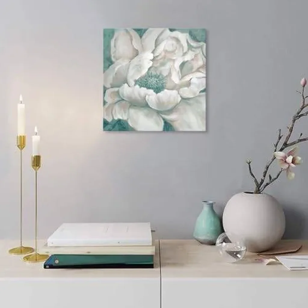 ALAYRA Teal Flower Canvas Wall Art - Peony Blossom Picture Wall Decor for Bathroom - Turquoise Abstract Floral Painting Framed Poster and Easy to Hang (14"x14"x1 Panel) 01 - Image 4