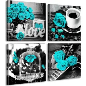 ALAYRA Teal Rose Wall Art Decor for Bedroom Turquoise Flowers Canvas Artwork Modern Plant Poster Paintings Decorations 12" W x 12" H 4 Pieces 01
