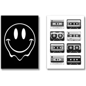 ALAYRA Teen Tween Girl Boy 70s 80s 90s Retro Aesthetic Posters (UNFRAMED 12 x 16 Set of 2) Wall Art Prints Vintage Good Vibes Smiley Face Black and White Bathroom Wall Decor, Restroom, Bedroom, 01
