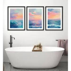 ALAYRA Texture Ocean Sunset Set of 3 Unframed Wall Poster Prints, Pastel Abstract Painting Textures, Bathroom Bedroom Lounge Kitchen Home Dcor, Ocean Landscape, Vibrant Abstract Art, Blue Orange Pink