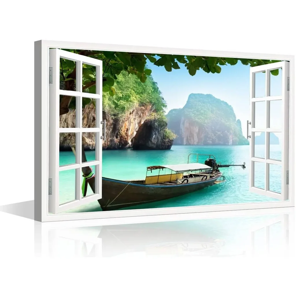 ALAYRA Thailand Canvas Wall Art 3D Window View Pictures Prints for Living Room Bedroom Decor Artwork Office Home Decoration Framed Kitchen Decor 36" W x 24" H 01