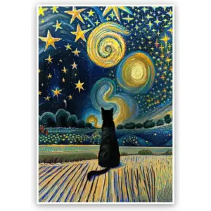 ALAYRA The Starry Night Cat Canvas Wall Art Famous Oil Paintings Black Cat Poster Funny Cat Print Colorful Abstract Farmhouse Gallery Aesthetic Room Wall Decor for Bedroom 12x16in Unframed 03 01