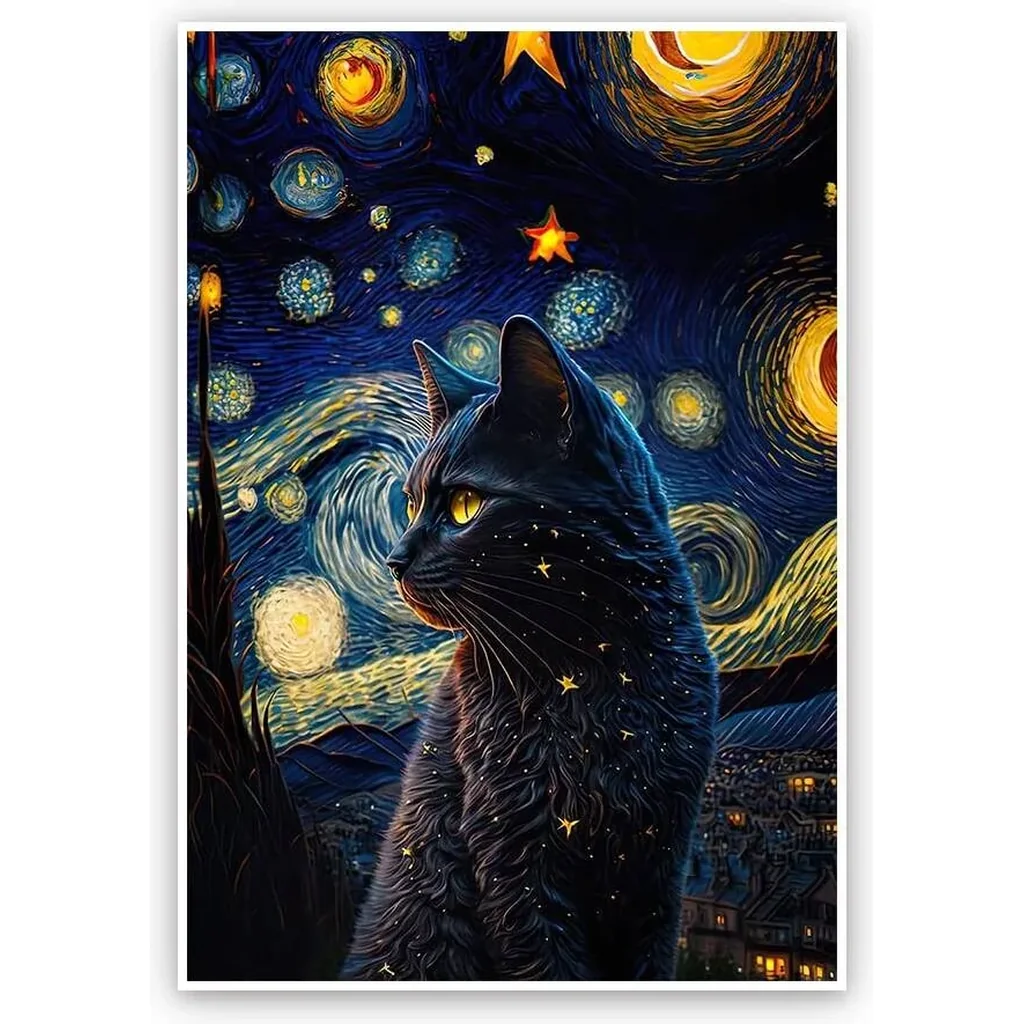 ALAYRA The Starry Night Cat Canvas Wall Art Famous Oil Paintings Black Cat Poster Funny Cat Print Colorful Abstract Farmhouse Gallery Aesthetic Room Wall Decor for Bedroom 16x24in Unframed 01