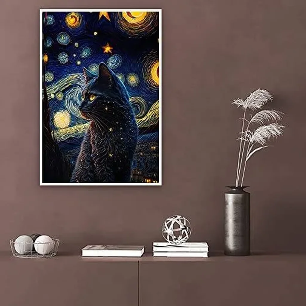 ALAYRA The Starry Night Cat Canvas Wall Art Famous Oil Paintings Black Cat Poster Funny Cat Print Colorful Abstract Farmhouse Gallery Aesthetic Room Wall Decor for Bedroom 16x24in Unframed 01 - Image 2