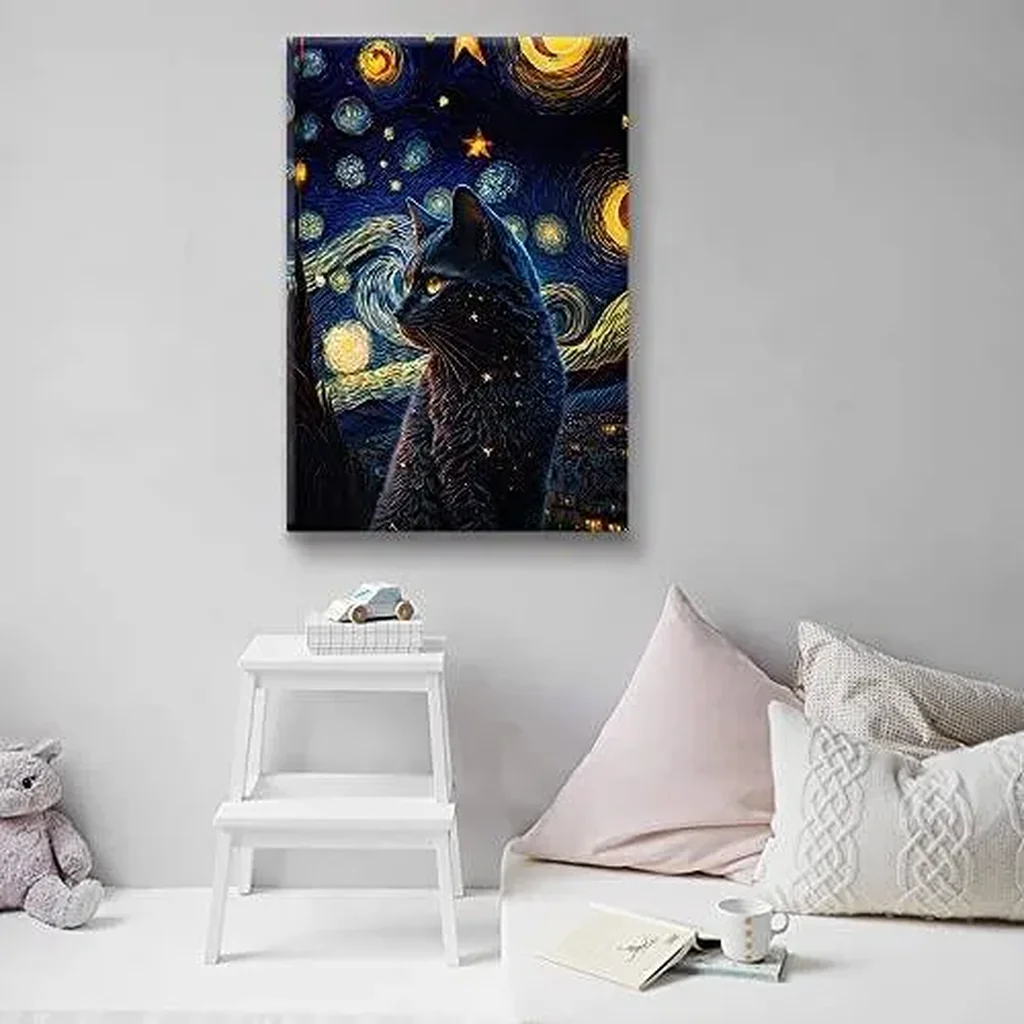 ALAYRA The Starry Night Cat Canvas Wall Art Famous Oil Paintings Black Cat Poster Funny Cat Print Colorful Abstract Farmhouse Gallery Aesthetic Room Wall Decor for Bedroom 16x24in Unframed 01 - Image 4