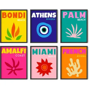 ALAYRA Travel Posters - Set of 6 Aesthetic Preppy Posters for Bedroom, Destination Poster, Trendy Travel Wall Art, Colorful Wall Prints, Artwork Travel, Vintage City Posters (Unframed, 8x10) 01