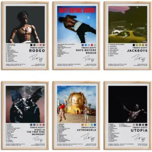 ALAYRA Travis Scott Rapper Music Signed Limited Album Cover Prints Canvas Wall Art Set of 6 for Room Aesthetic Music Classroom Bedroom Wall Decor 8x12 Inch Unframed 01