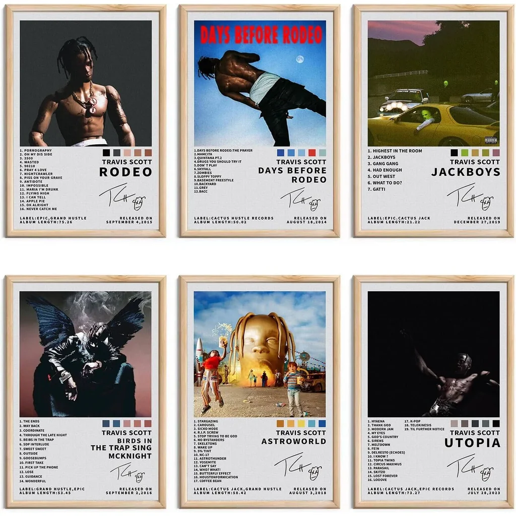 ALAYRA Travis Scott Rapper Music Signed Limited Album Cover Prints Canvas Wall Art Set of 6 for Room Aesthetic Music Classroom Bedroom Wall Decor 8x12 Inch Unframed 01
