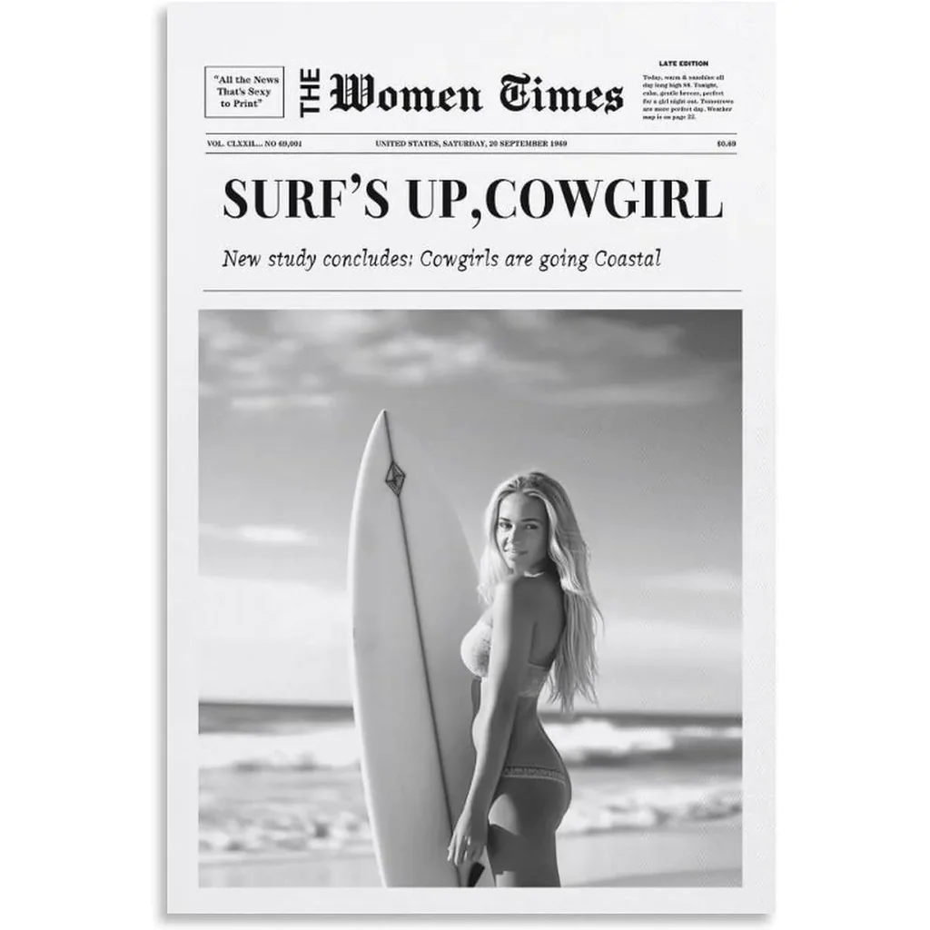 ALAYRA Trendy NewsPaper Wall Art Positive Affirming Quotes Poster Every Hour Is Happy Hour Canvas Prints Trendy Retro Art for Girl Dorm Living Room Bar Decor (09-Surfer woman, 16x24inch-Unframe) 01