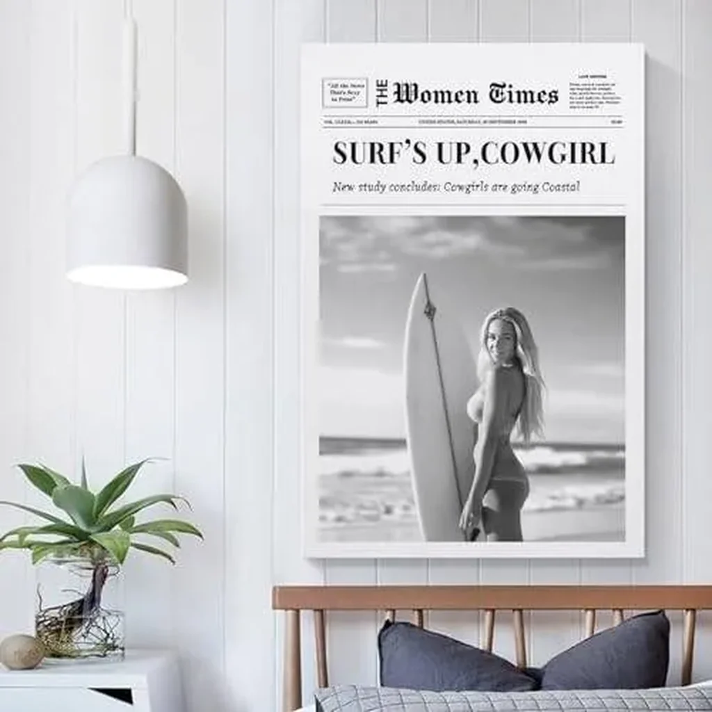 ALAYRA Trendy NewsPaper Wall Art Positive Affirming Quotes Poster Every Hour Is Happy Hour Canvas Prints Trendy Retro Art for Girl Dorm Living Room Bar Decor (09-Surfer woman, 16x24inch-Unframe) 01 - Image 5