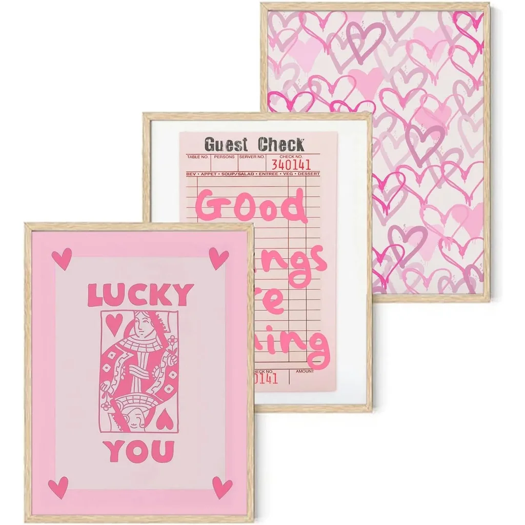 ALAYRA Trendy Preppy Poster Pink Lucky You Canvas Wall Art Prints 3 Pcs Queen of Hearts Poker Aesthetic Pictures Retro Guest Check Decor Painting for Living Room Bedroom Bathroom 12x16in Unframed 01