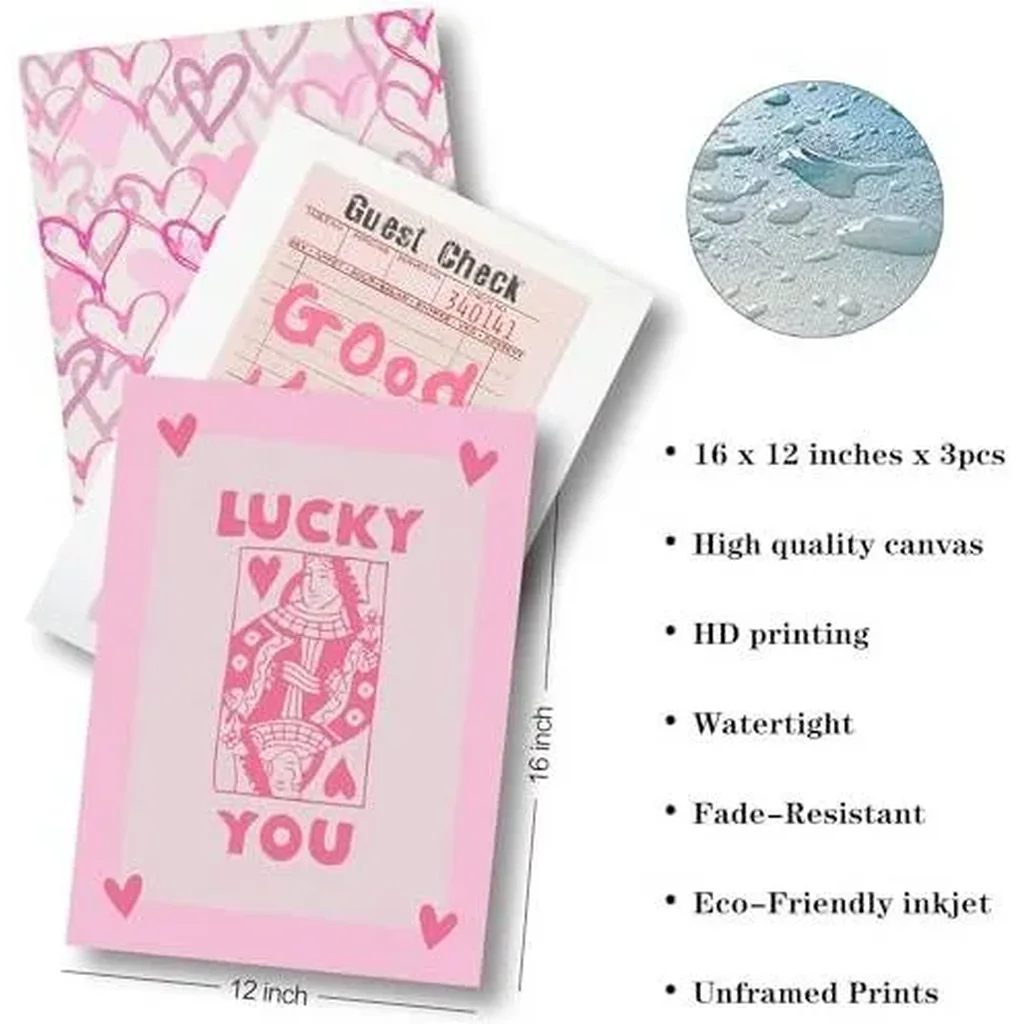 ALAYRA Trendy Preppy Poster Pink Lucky You Canvas Wall Art Prints 3 Pcs Queen of Hearts Poker Aesthetic Pictures Retro Guest Check Decor Painting for Living Room Bedroom Bathroom 12x16in Unframed 01 - Image 2