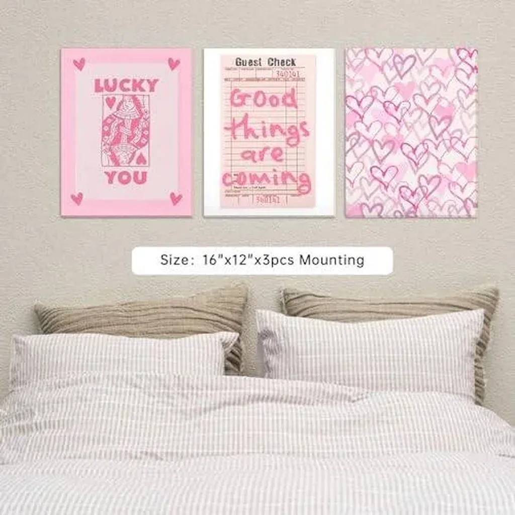 ALAYRA Trendy Preppy Poster Pink Lucky You Canvas Wall Art Prints 3 Pcs Queen of Hearts Poker Aesthetic Pictures Retro Guest Check Decor Painting for Living Room Bedroom Bathroom 12x16in Unframed 01 - Image 7