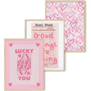 ALAYRA Trendy Preppy Poster Set of 3 Pink Lucky You Canvas Wall Art Prints Queen of Hearts Poker Aesthetic Pictures Retro Guest Check Decor Painting for Living Room Bathroom 16x24in Unframed 01