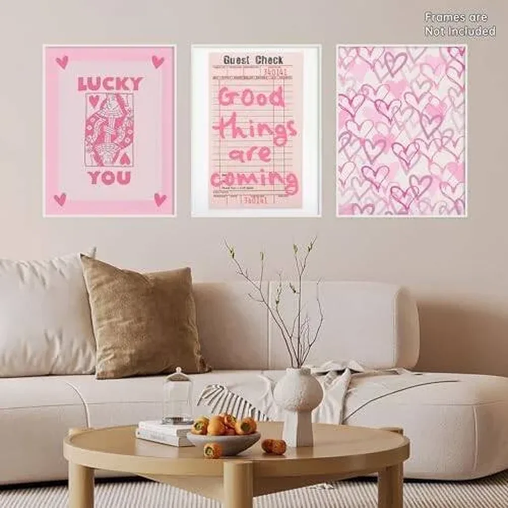 ALAYRA Trendy Preppy Poster Set of 3 Pink Lucky You Canvas Wall Art Prints Queen of Hearts Poker Aesthetic Pictures Retro Guest Check Decor Painting for Living Room Bathroom 16x24in Unframed 01 - Image 2