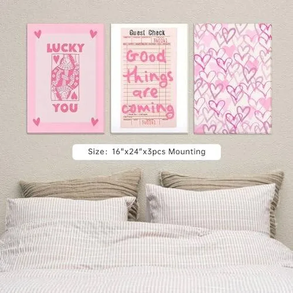 ALAYRA Trendy Preppy Poster Set of 3 Pink Lucky You Canvas Wall Art Prints Queen of Hearts Poker Aesthetic Pictures Retro Guest Check Decor Painting for Living Room Bathroom 16x24in Unframed 01 - Image 5