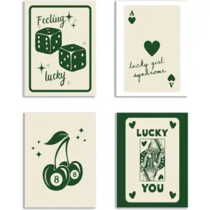 ALAYRA Trendy Retro Aesthetic Wall Art Poster Set of 4 Canvas Prints 11x14 Inch Unframed Funky 8 Ball, Queen Dice, Lucky You, and Cherry Designs for Dorm Room, Bedroom & Living Room Decor (Green) 01