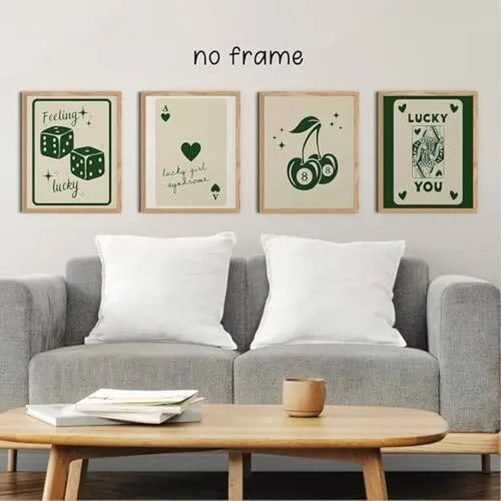 ALAYRA Trendy Retro Aesthetic Wall Art Poster Set of 4 Canvas Prints 11x14 Inch Unframed Funky 8 Ball, Queen Dice, Lucky You, and Cherry Designs for Dorm Room, Bedroom & Living Room Decor (Green) 01 - Image 2