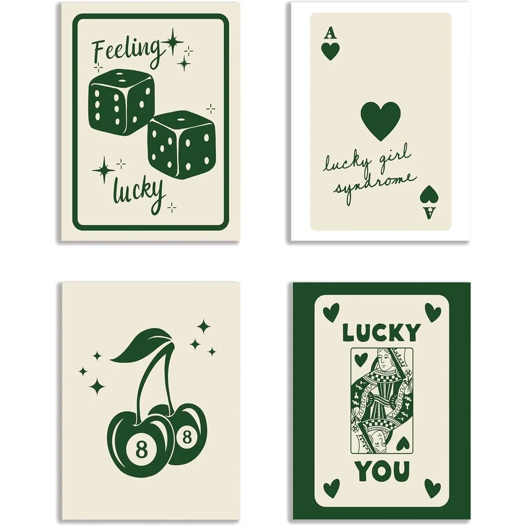 ALAYRA Trendy Retro Aesthetic Wall Art Poster Set of 4 Canvas Prints 8x10 Inch Unframed Funky 8 Ball, Queen Dice, Lucky You, and Cherry Designs for Dorm Room, Bedroom & Living Room Decor (Green) 01