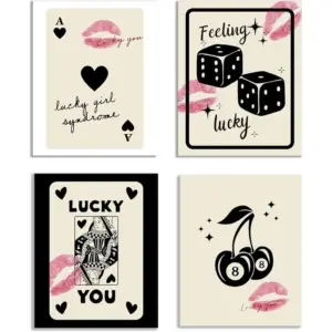ALAYRA Trendy Retro Canvas Wall Art Posters Lucky You, Girl Syndrome, 8 Ball Queen, Dice & Cherry Funky Prints for Room Aesthetic & Dorm Decor Unframed 8x10 Inches Set of 4 (Lip Print Black) 01