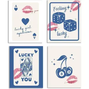 ALAYRA Trendy Retro Canvas Wall Art Posters Lucky You, Girl Syndrome, 8 Ball Queen, Dice & Cherry Funky Prints for Room Aesthetic & Dorm Decor Unframed 8x10 Inches Set of 4 (Lip Print Blue) 01