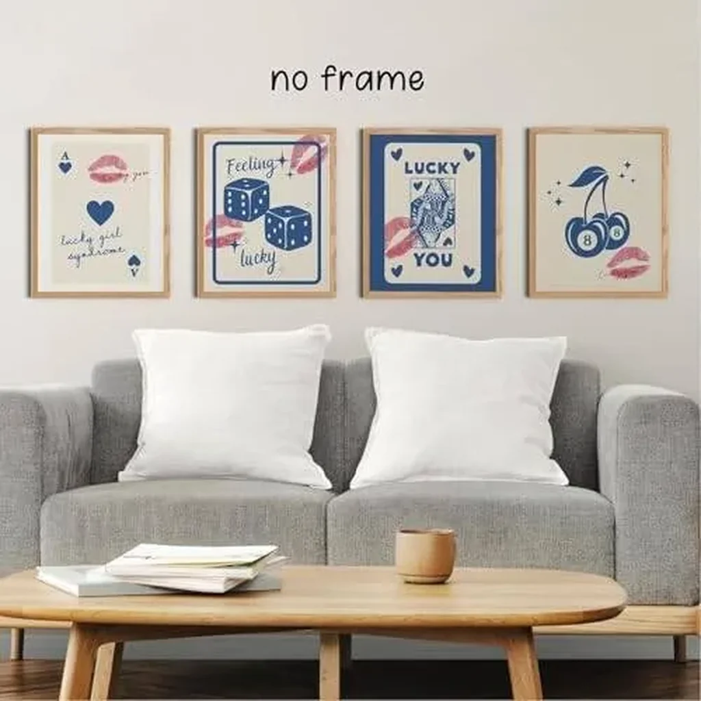 ALAYRA Trendy Retro Canvas Wall Art Posters Lucky You, Girl Syndrome, 8 Ball Queen, Dice & Cherry Funky Prints for Room Aesthetic & Dorm Decor Unframed 8x10 Inches Set of 4 (Lip Print Blue) 01 - Image 2